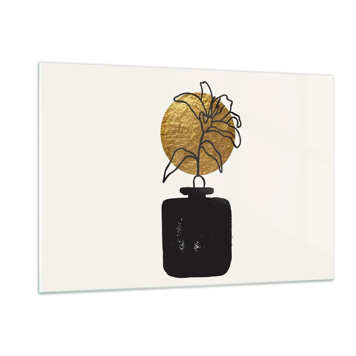 Impression sur verre - Image sur verre - Graphique minimaliste avec une fleur dans un cercle doré et un vase noir - 120x80cm - La beauté vaut son pesant d'or - Décoration murale moderne pour le salon et la chambre ARTTOR