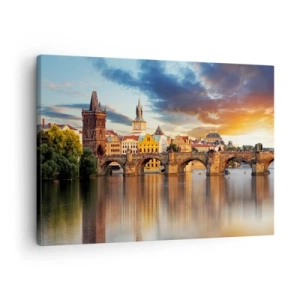 Impression sur toile - Image sur toile - Le pont historique sur la rivière à la lumière du soleil couchant - 70x50cm - Belle depuis des lustres - Décoration murale moderne pour le salon et la chambre ARTTOR