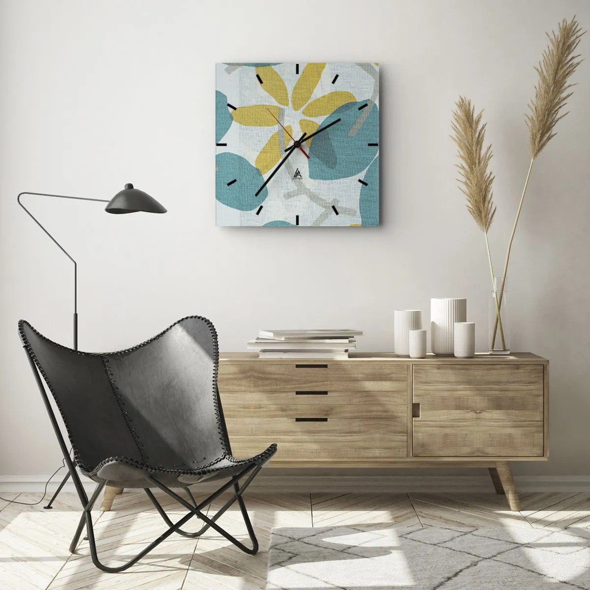 Horloge murale - Pendule murale - Feuilles aux tons turquoise et jaune sur fond clair - 30x30cm - Wśród lazurowych liści - Décoration murale moderne pour le salon et la chambre ARTTOR