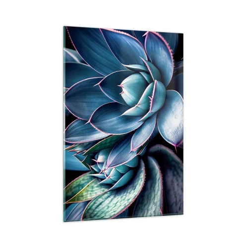 Impression sur verre - Image sur verre - Agave dans des tons de bleu et de vert avec des accents roses - 80x120cm - Force vital - Décoration murale moderne pour le salon et la chambre ARTTOR