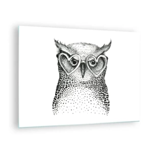 Impression sur verre - Image sur verre - Illustration d'un hibou portant des lunettes en forme de cœur - 70x50cm - Sagement et avec amour - Décoration murale moderne pour le salon et la chambre ARTTOR