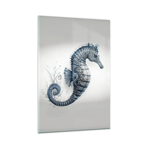 Impression sur verre - Image sur verre - Hippocampe dans des tons de bleu avec des détails à l'aquarelle - 80x120cm - Une subtile plaisanterie de la nature - Décoration murale moderne pour le salon et la chambre ARTTOR