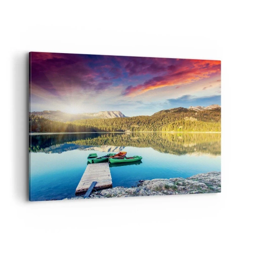Impression sur toile - Image sur toile - Coucher de soleil sur le lac avec des bateaux à l'embarcadère - 100x70cm - Aussi lisse qu'un miroir au-dessus de l'eau - Décoration murale moderne pour le salon et la chambre ARTTOR