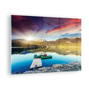 Impression sur verre - Image sur verre - Un lac pittoresque avec une jetée en bois et des bateaux au coucher du soleil - 70x50cm - Aussi lisse qu'un miroir au-dessus de l'eau - Décoration murale moderne pour le salon et la chambre ARTTOR