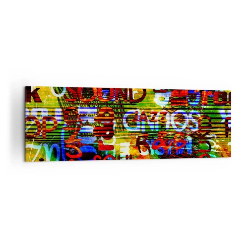 Impression sur toile - Image sur toile - Abstraction colorée avec des inscriptions musicales dans un style pop art - 160x50cm - Toutes les nuances du son - Décoration murale moderne pour le salon et la chambre ARTTOR