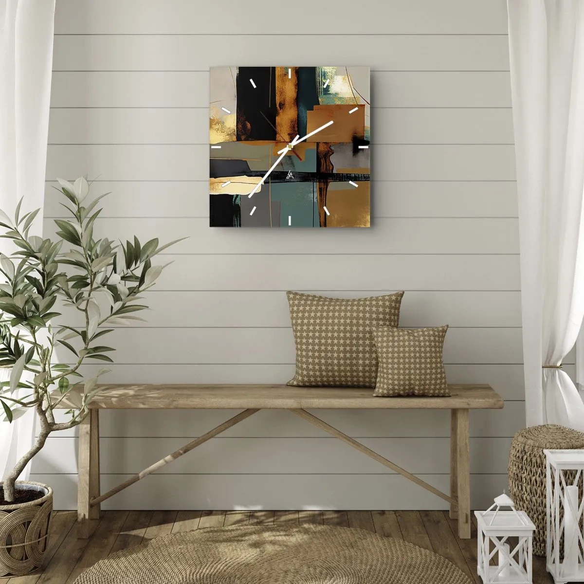 Horloge murale - Pendule murale - Composition abstraite avec des éléments dorés et turquoise - 30x30cm - Abstraction – lumière et ombre - Décoration murale moderne pour le salon et la chambre ARTTOR