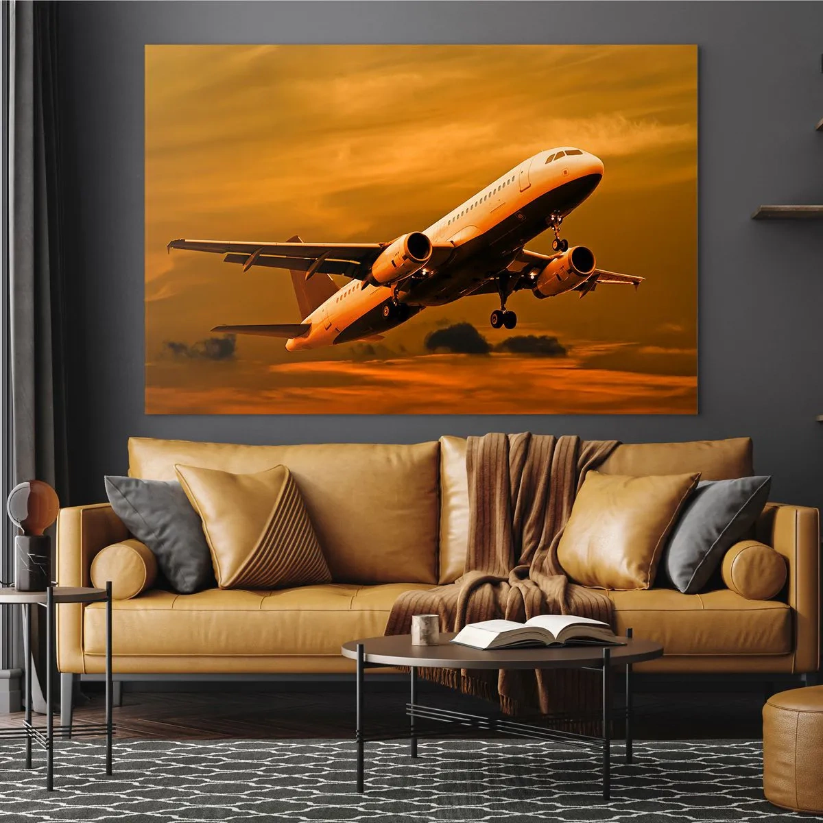 Impression sur verre - Image sur verre - Un avion décollant dans un ciel orange - 120x80cm - Vol vers le soleil - Décoration murale moderne pour le salon et la chambre ARTTOR