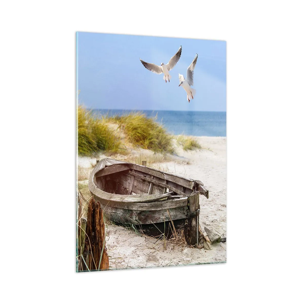 Impression sur verre - Image sur verre - Bateau en bois sur la plage avec des mouettes en vol - 50x70cm - Bain de vent - Décoration murale moderne pour le salon et la chambre ARTTOR