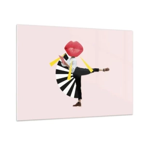 Impression sur verre - Image sur verre - Une composition pop art surréaliste mettant en scène un personnage avec une grande bouche sur un fond rose. - 100x70cm - Pop-art surréaliste - Décoration murale moderne pour le salon et la chambre ARTTOR