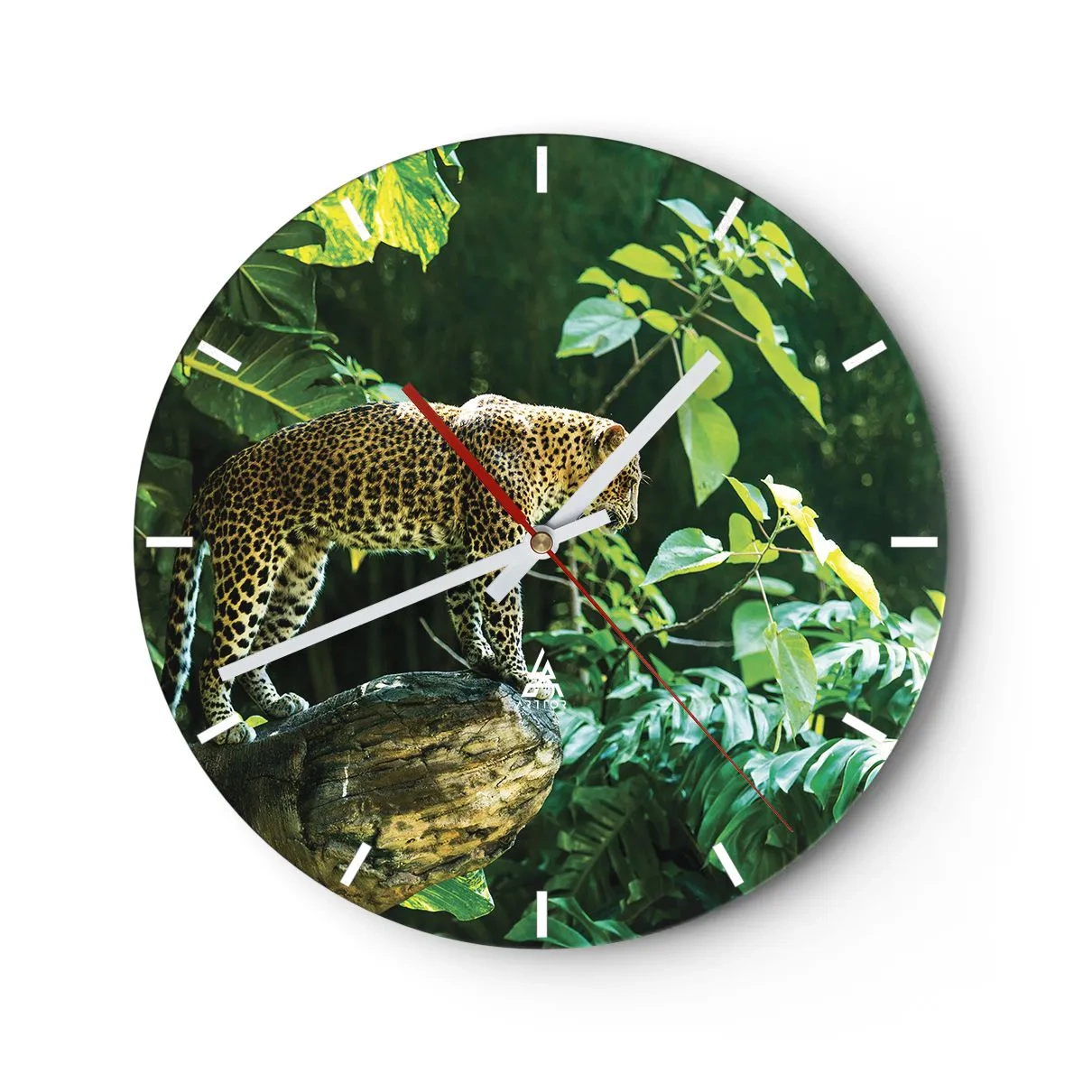 Horloge murale - Pendule murale - Léopard dans la jungle sur fond de feuilles vertes - 30x30cm - À la chasse? - Décoration murale moderne pour le salon, la cuisine et la chambre ARTTOR