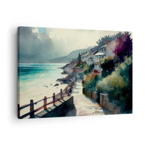 Impression sur toile - Image sur toile - Promenade en bord de mer avec maisons et végétation - 70x50cm - Ville méditerranéenne - Décoration murale moderne pour le salon et la chambre ARTTOR