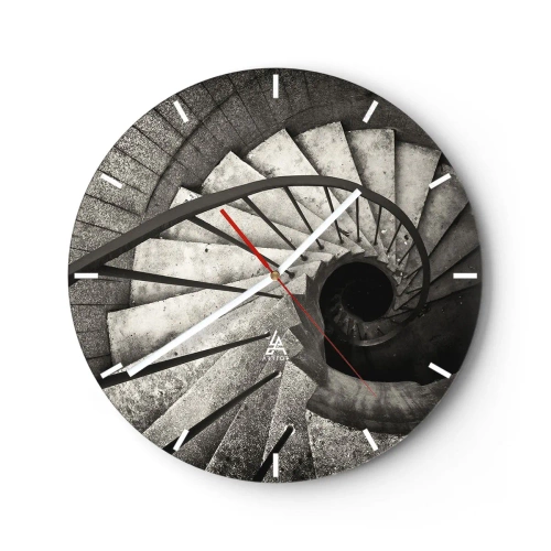 Horloge murale - Pendule murale - Escalier en colimaçon noir et blanc avec vue vers le bas et disposition géométrique des marches - 30x30cm - En haut des escaliers, en bas des escaliers