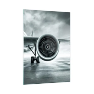 Impression sur verre - Image sur verre - La turbine d'un avion de ligne sur la piste à l'aube - 50x70cm - Sent la force! - Décoration murale moderne pour le salon et la chambre ARTTOR