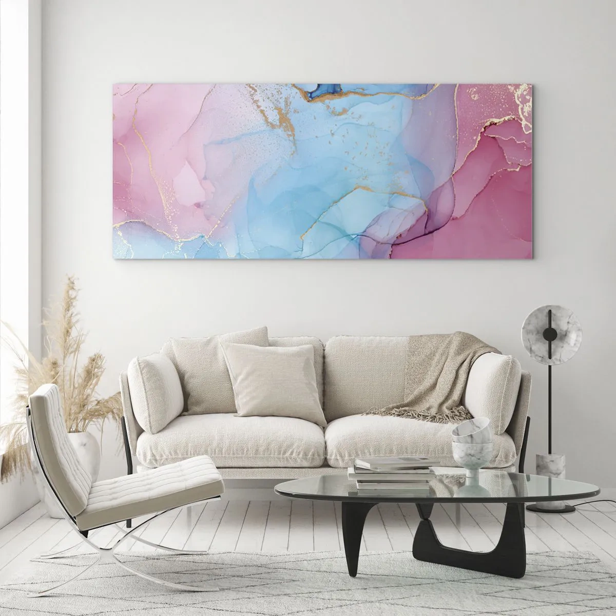 Impression sur verre - Image sur verre - Motifs pastel abstraits avec des accents dorés - 120x50cm - Rencontre et mélange - Décoration murale moderne pour le salon et la chambre ARTTOR