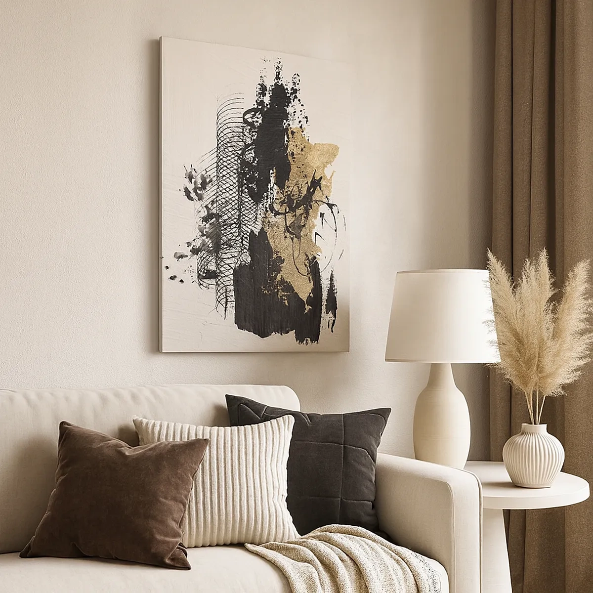 Impression sur toile - Image sur toile - Une peinture abstraite en noir et or avec des lignes et des structures dynamiques. - 50x70cm - Composer avec passion - Décoration murale moderne pour le salon et la chambre ARTTOR