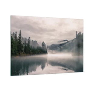 Impression sur verre - Image sur verre - Vue matinale d'un lac dans la forêt, enveloppé de brouillard - 100x70cm - Reflet dans le brouillard - Décoration murale moderne pour le salon et la chambre ARTTOR