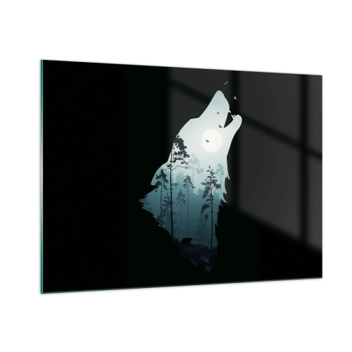 Impression sur verre - Image sur verre - Silhouette d'un loup avec une forêt et la lune en arrière-plan sur un fond noir - 100x70cm - La voix de nuit de la forêt - Décoration murale moderne pour le salon et la chambre ARTTOR