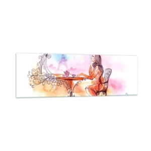 Impression sur verre - Image sur verre - Aquarelle romantique d'une femme dans un café surplombant une tour - 160x50cm - Le chic parisien - Décoration murale moderne pour le salon et la chambre ARTTOR