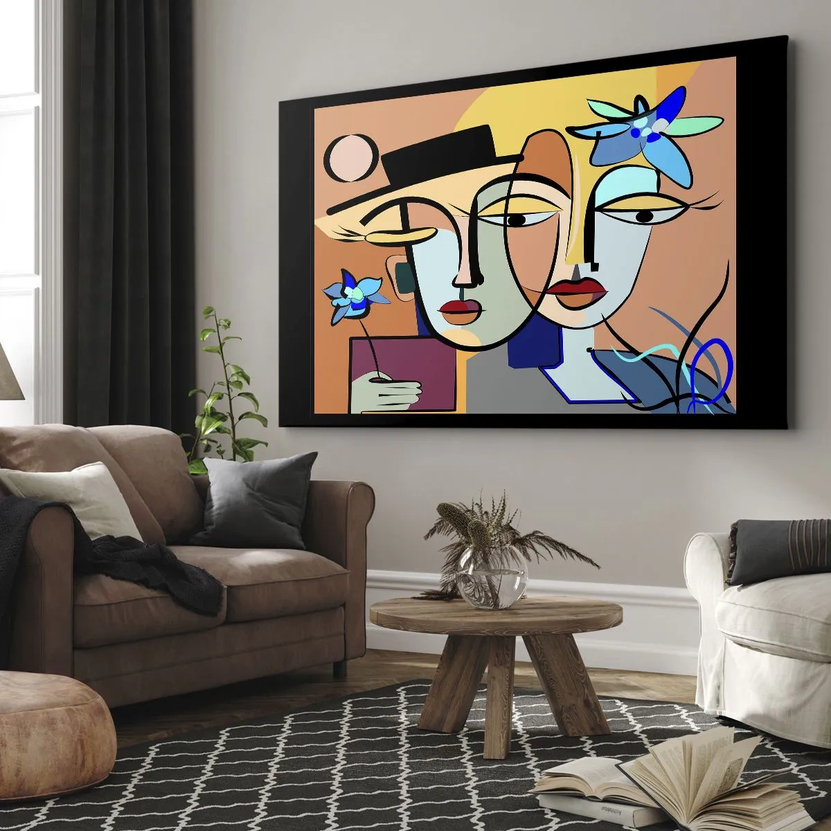 Impression sur toile - Image sur toile - Portraits cubistes aux couleurs vives avec un motif floral - 70x50cm - Le Rendez-vous de Picasso - Décoration murale moderne pour le salon et la chambre ARTTOR