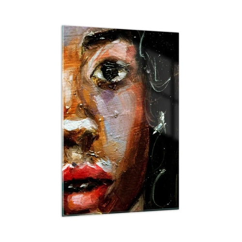 Impression sur verre - Image sur verre - Un portrait expressif d'une femme aux couleurs intenses. - 80x120cm - Noir et brillant - Décoration murale moderne pour le salon et la chambre ARTTOR