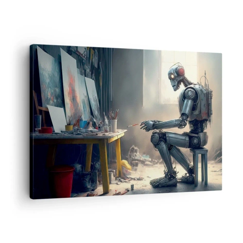 Impression sur toile - Image sur toile - Un robot peignant un tableau dans un atelier d'art - 70x50cm - L'acte de création - Décoration murale moderne pour le salon et la chambre ARTTOR