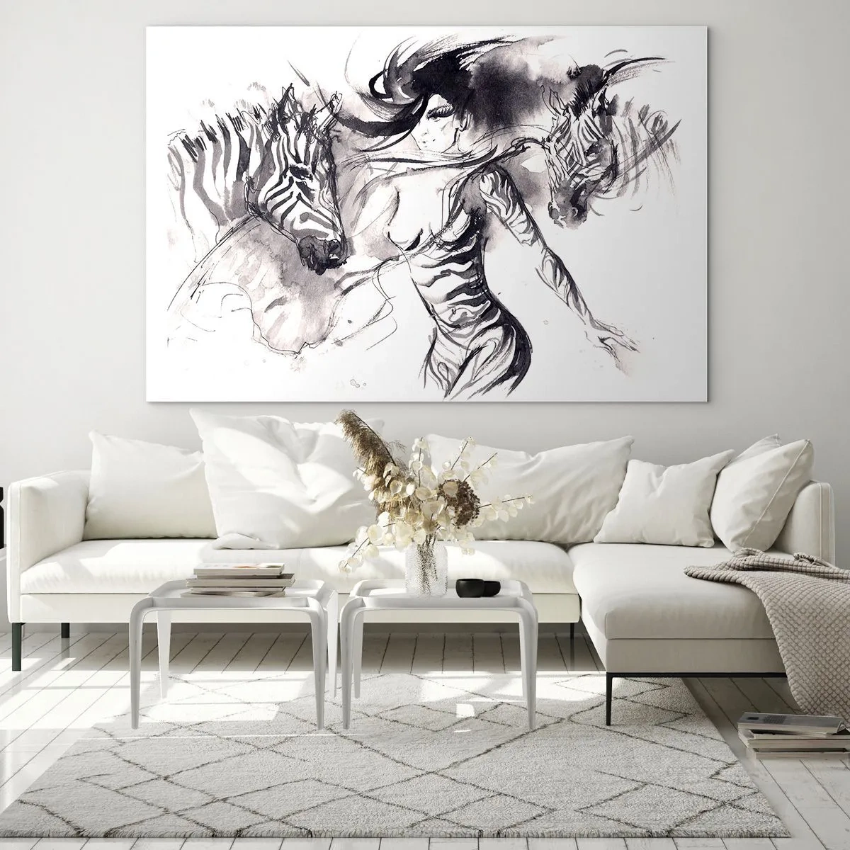Impression sur verre - Image sur verre - Composition en noir et blanc avec une femme et un zèbre dans un style artistique - 120x80cm - Danse avec les zèbres - Décoration murale moderne pour le salon et la chambre ARTTOR
