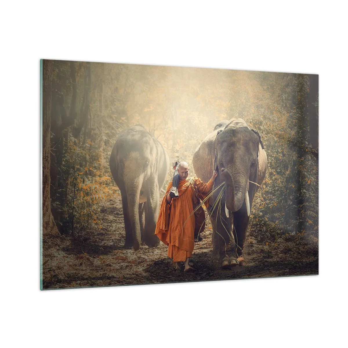 Impression sur verre - Image sur verre - Un moine avec deux éléphants dans un décor forestier - 100x70cm - Compréhension totale - Décoration murale moderne pour le salon et la chambre ARTTOR