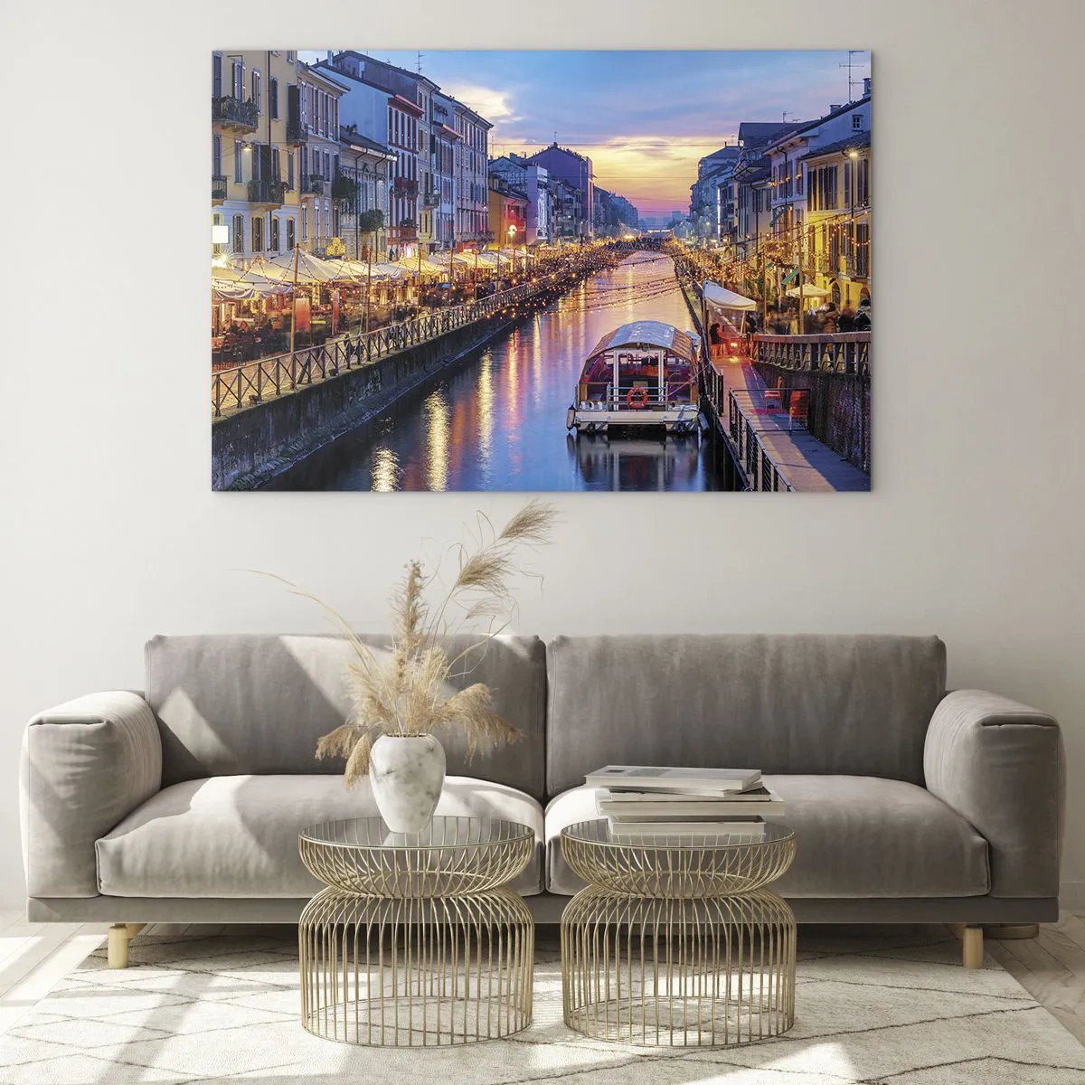 Impression sur verre - Image sur verre - Vue nocturne du canal illuminé avec bateaux et cafés - 70x50cm - Soirée de lumière et de jeu - Décoration murale moderne pour le salon et la chambre ARTTOR