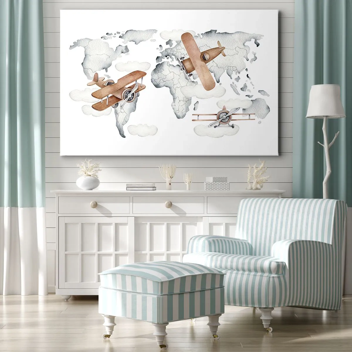 Impression sur toile - Image sur toile - Illustration d'une carte du monde avec des avions - 120x80cm - Dans un esprit pionnier - Décoration murale moderne pour le salon et la chambre ARTTOR