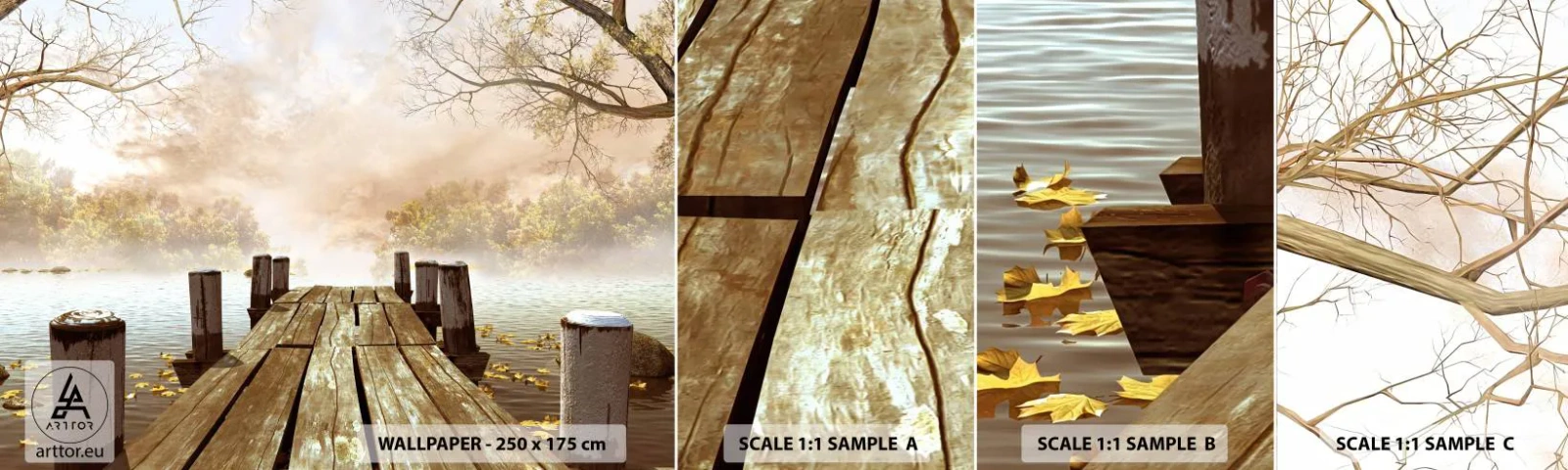 Échantillon De Papier Peint Standard Eco - La douce tristesse de l'automne - Paysage, Lac, Pont de bois - 100x30 cm