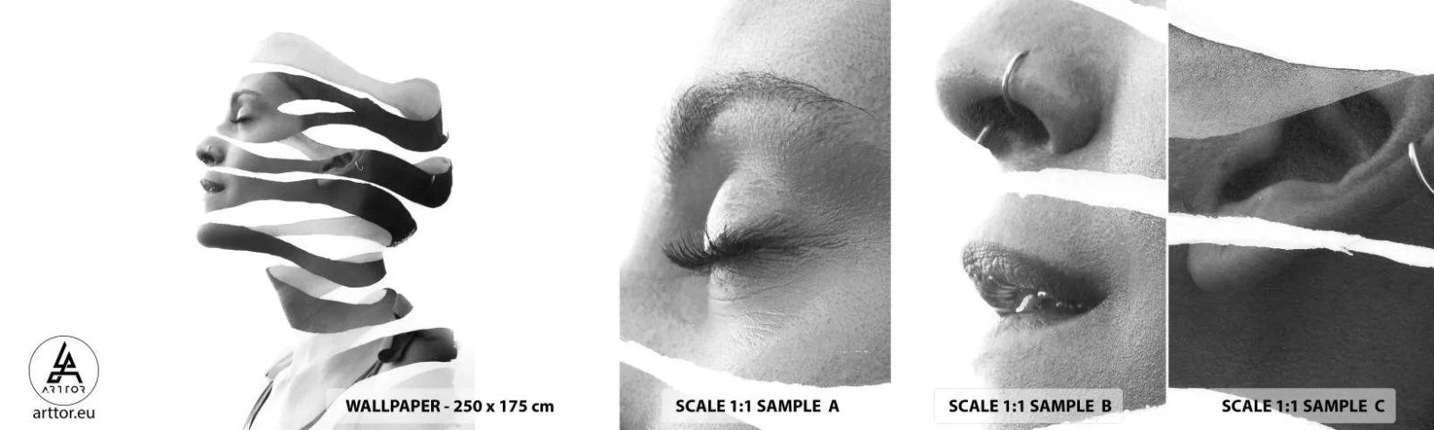 Échantillon de Papier Peint Autocollant Deluxe Sticker - Portrait surréaliste - Abstraction, Morceau, Femme - 100x30 cm