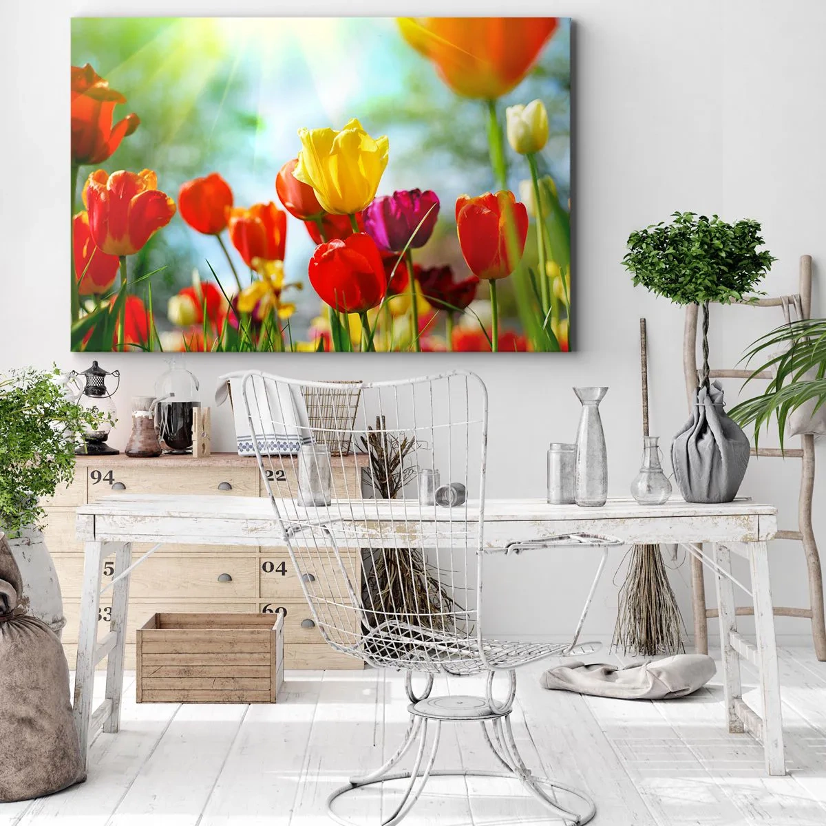 Impression sur toile - Image sur toile - Tulipes colorées au soleil - 100x70cm - Toutes les couleurs du soleil - Décoration murale moderne pour le salon et la chambre ARTTOR