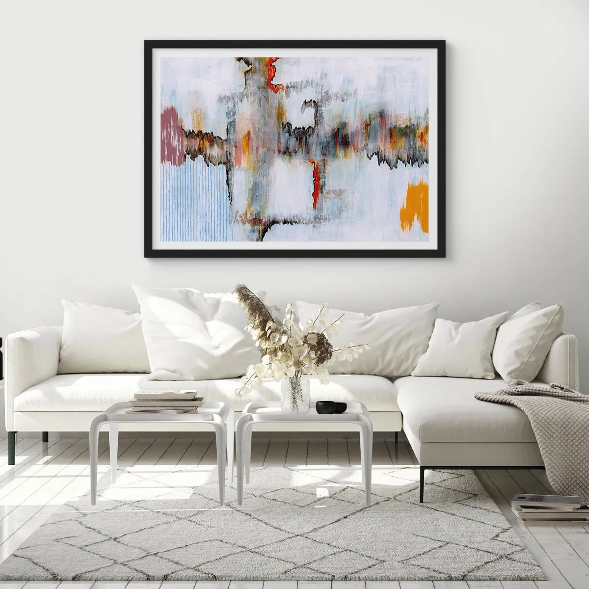 Affiche dans un cadre noir - Poster - Motif abstrait aux couleurs vives sur fond clair - 100x70cm - Un bâton sur l'eau - Décoration murale moderne pour le salon et la chambre ARTTOR