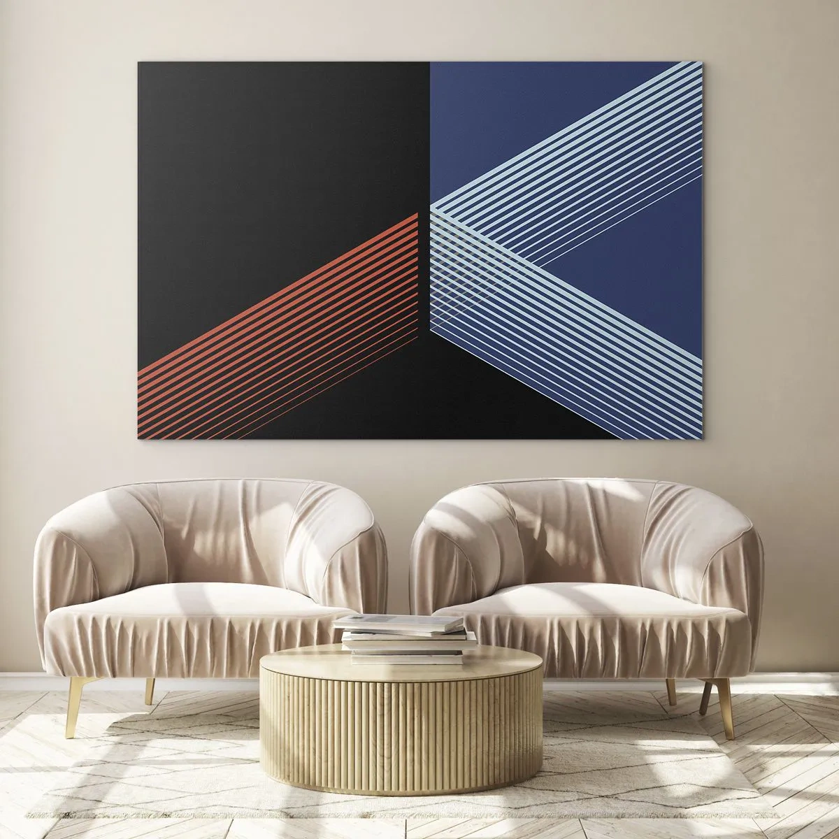 Impression sur verre - Image sur verre - Une composition géométrique moderne avec des lignes et un contraste de couleurs. - 70x50cm - Histoire simple - Décoration murale moderne pour le salon et la chambre ARTTOR