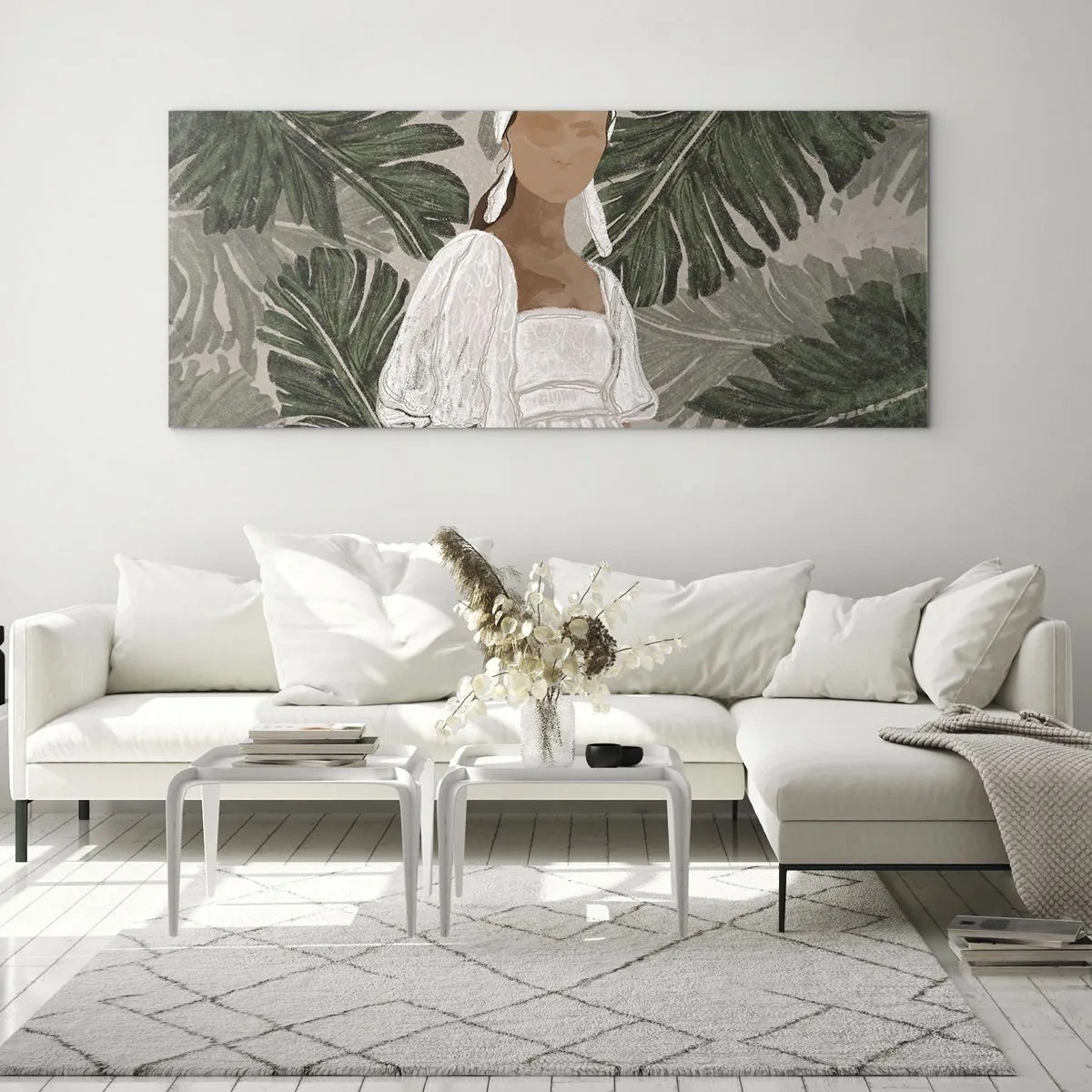 Impression sur verre - Image sur verre - Portrait d'une femme en robe blanche sur fond de feuilles de monstera - 160x50cm - Portrait exotique - Décoration murale moderne pour le salon et la chambre ARTTOR