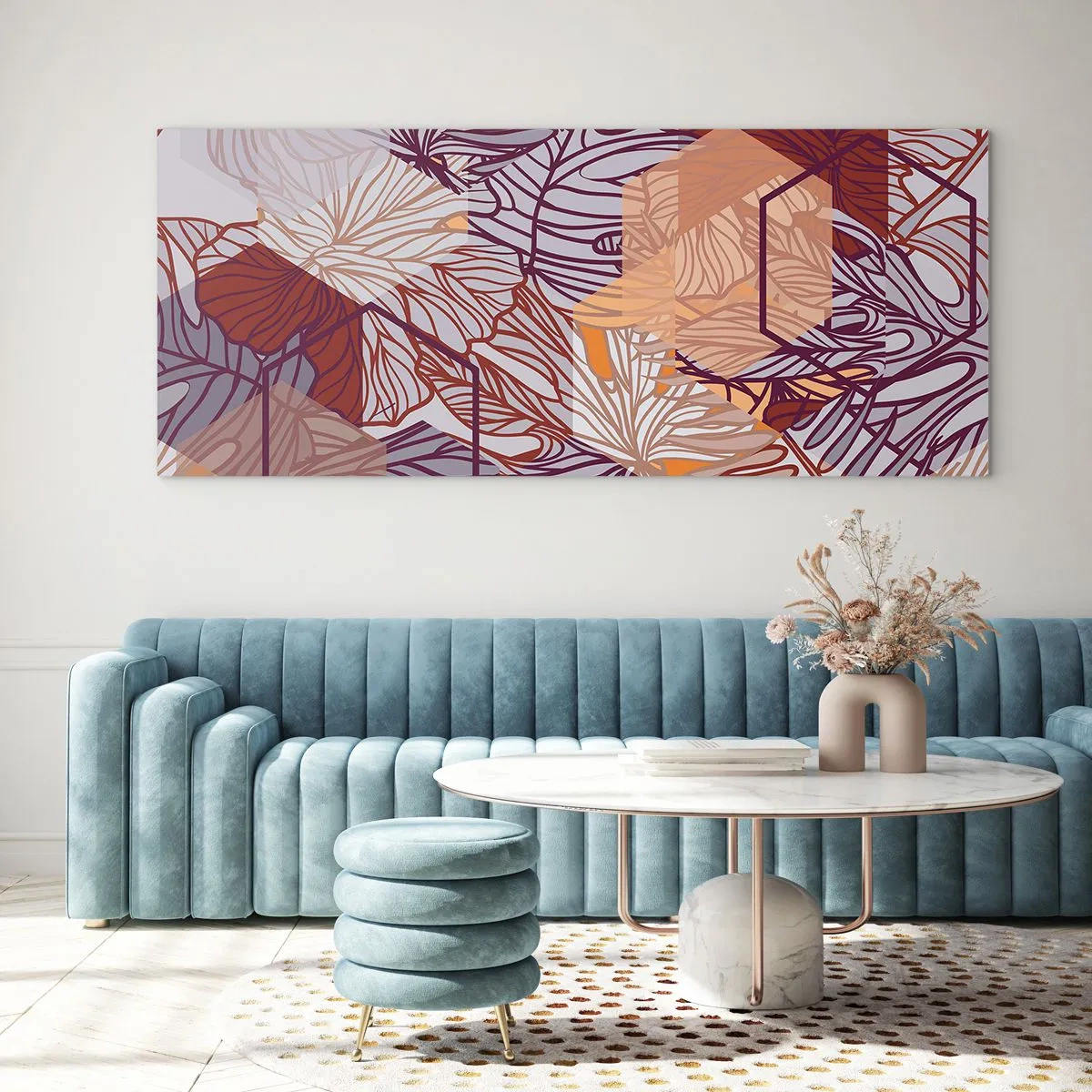 Impression sur verre - Image sur verre - Un motif décoratif de feuilles tropicales dans des tons de violet, d'orange et de beige. - 140x50cm - Relation impossible entre la géométrie et la nature - Décoration murale moderne pour le salon et la chambre ARTT