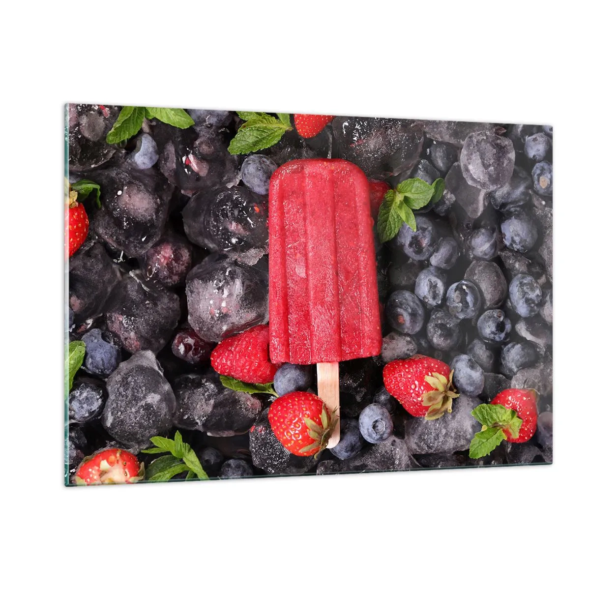 Impression sur verre - Image sur verre - Un bâton de glace parmi des fruits congelés et des feuilles de menthe - 120x80cm - Le goût d’un été chaud - Décoration murale moderne pour le salon et la chambre ARTTOR