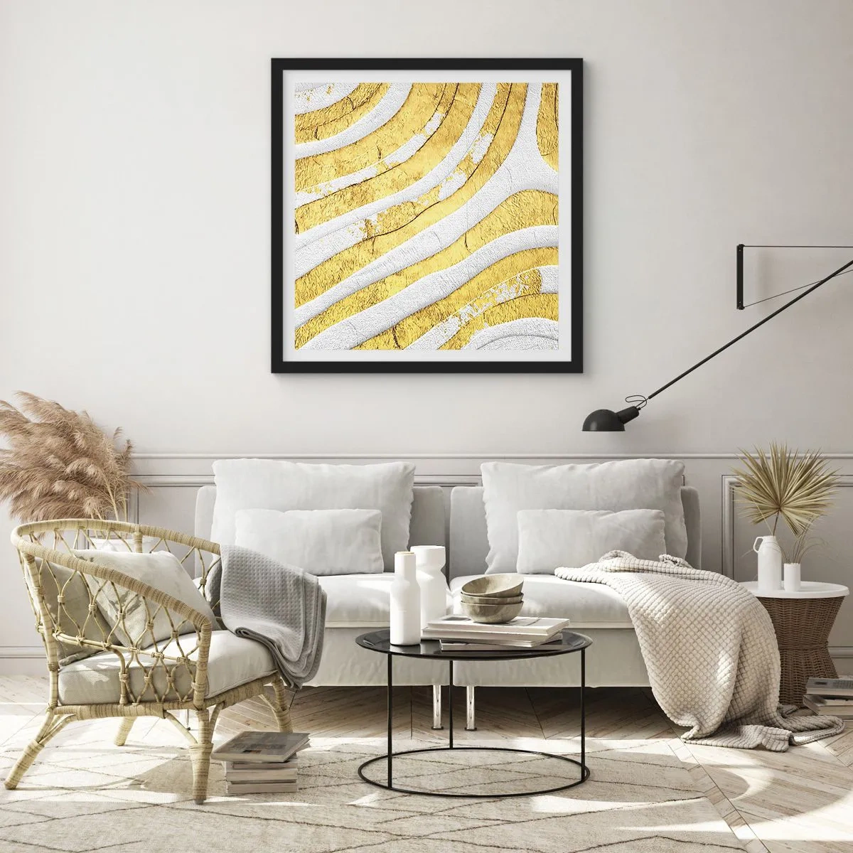 Affiche dans un cadre noir - Poster - Composition en blanc et or - 60x60 cm