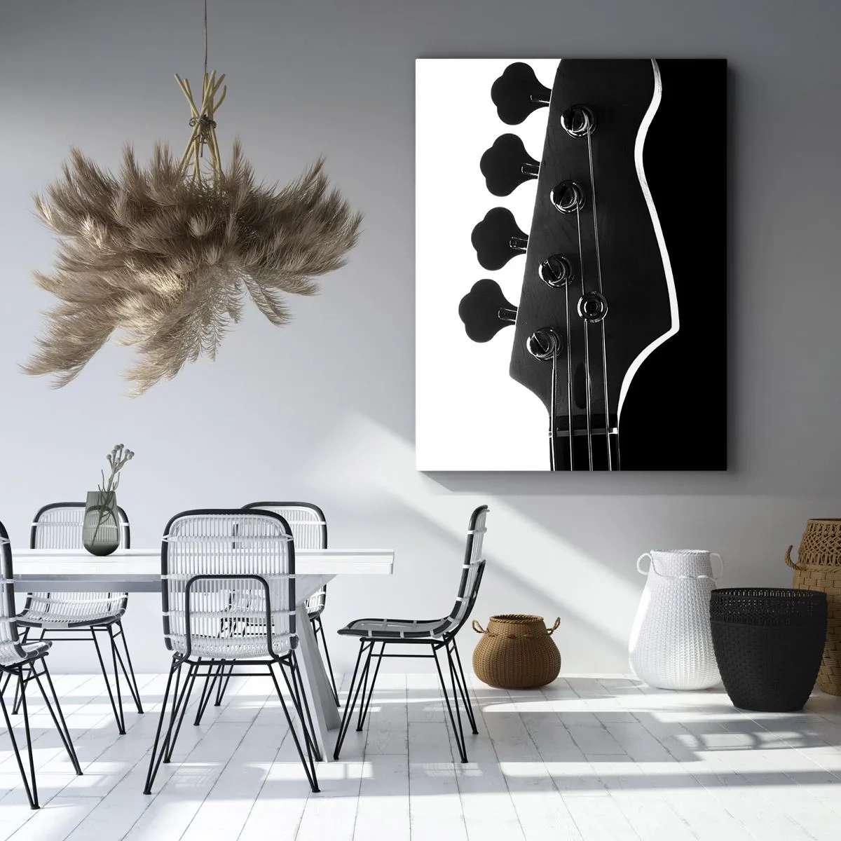 Impression sur toile - Image sur toile - Silhouette noire et blanche d'une tête de guitare basse - 70x100cm - Silence de roche - Décoration murale moderne pour le salon et la chambre ARTTOR