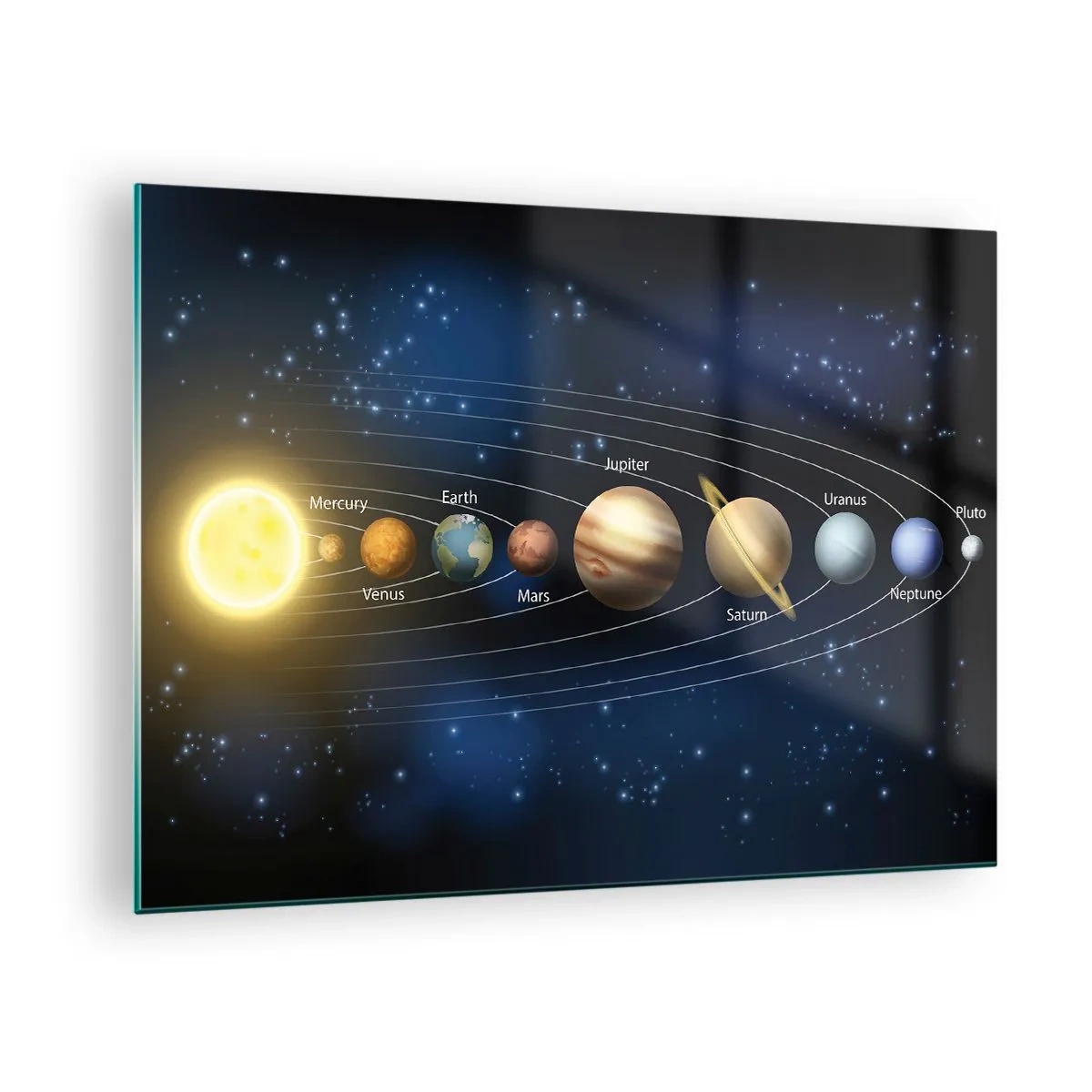 Impression sur verre - Image sur verre - Le système solaire avec des planètes et des étoiles en arrière-plan - 70x50cm - L'une des dix - Décoration murale moderne pour le salon et la chambre ARTTOR