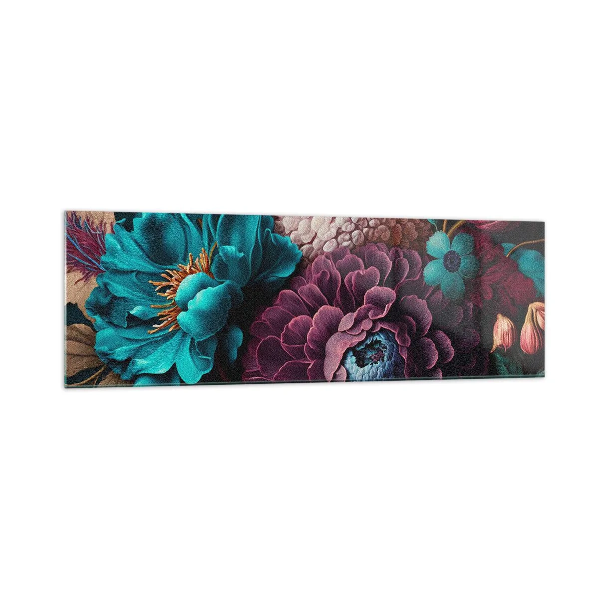 Impression sur verre - Image sur verre - Un bouquet de fleurs aux couleurs intenses sur fond sombre - 160x50cm - La nature en abondance - Décoration murale moderne pour le salon et la chambre ARTTOR