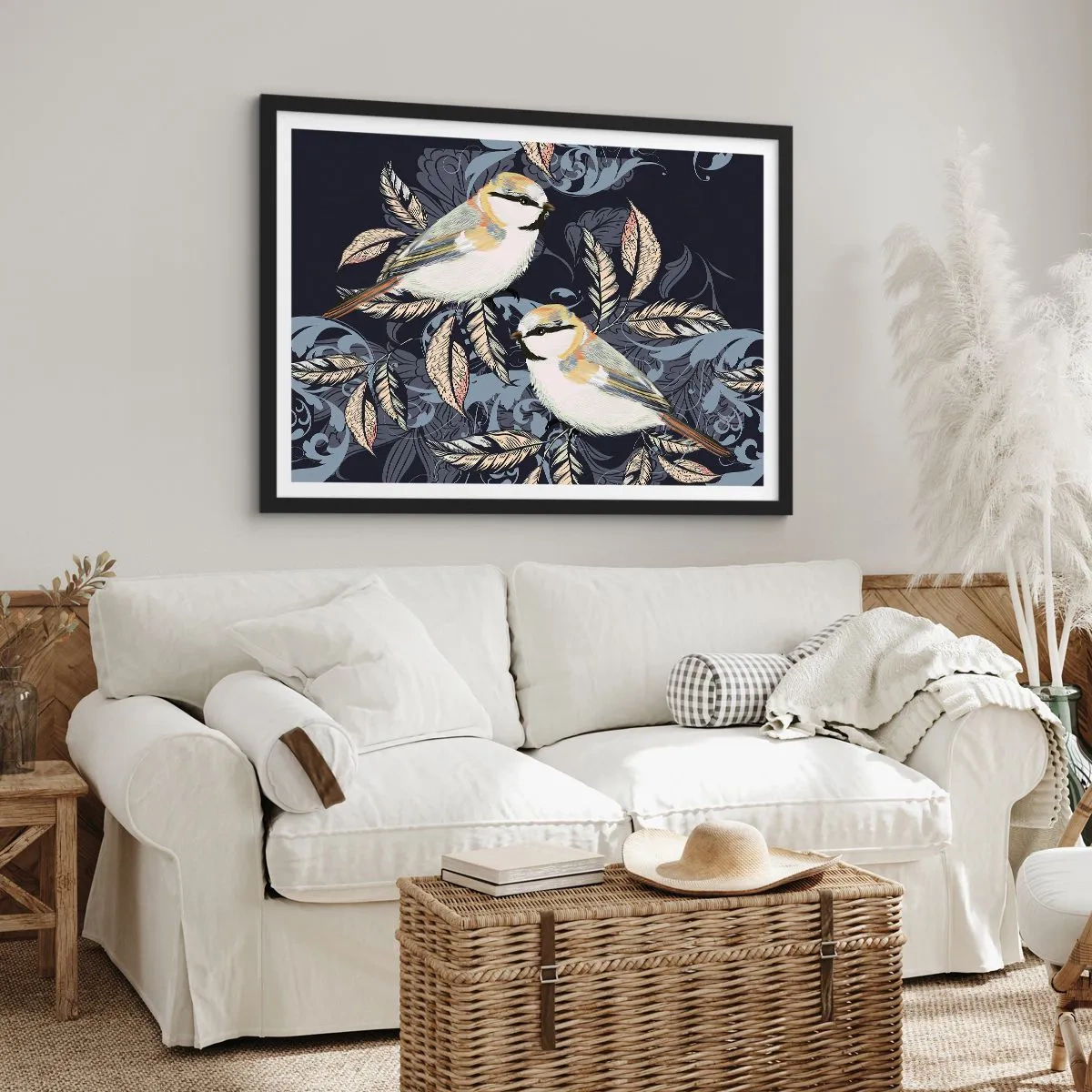 Affiche dans un cadre noir - Poster - Oiseaux sur des branches dans un arrière-plan ornemental - 70x50cm - Babillement jaune et bleu - Décoration murale moderne pour le salon et la chambre ARTTOR