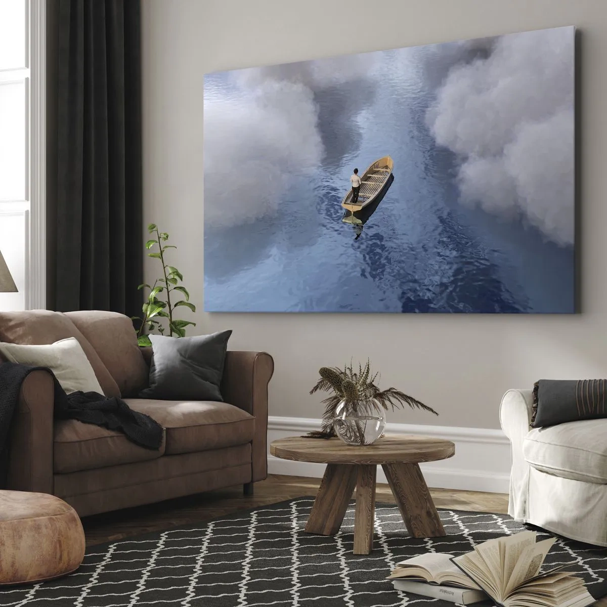 Impression sur toile - Image sur toile - Un homme dans un bateau sur une mer calme entourée de nuages - 70x50cm - Vie – voyage – inconnu - Décoration murale moderne pour le salon et la chambre ARTTOR