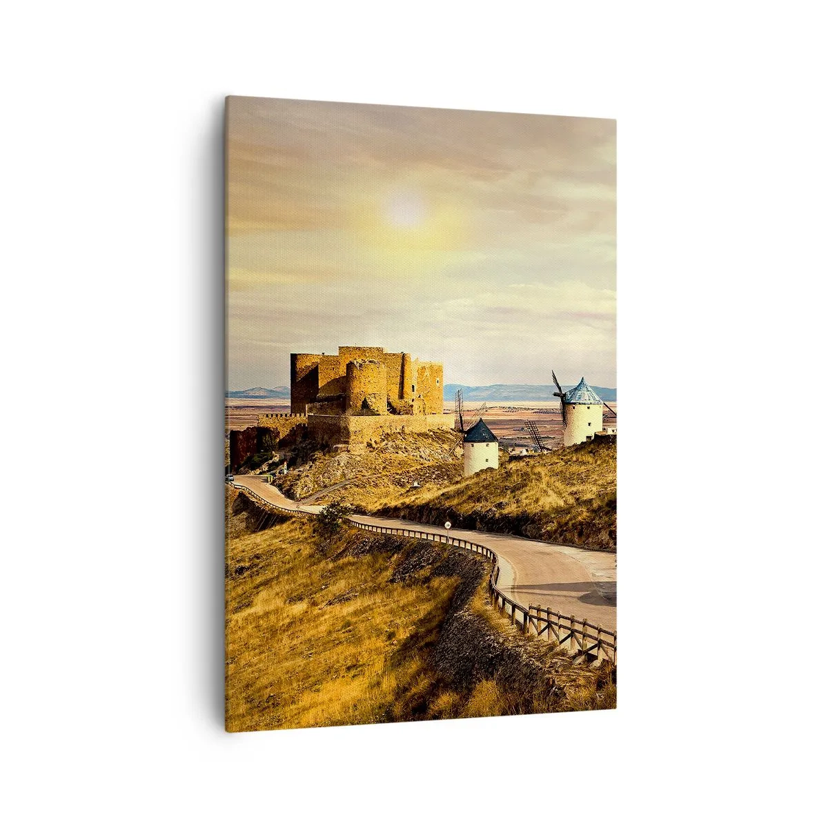 Impression sur toile - Image sur toile - Moulins à vent sur les collines avec un château historique en arrière-plan - 70x100cm - Don Quichotte est sur le point d'arriver - Décoration murale moderne pour le salon et la chambre ARTTOR