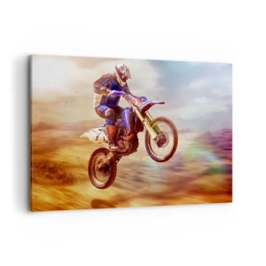 Impression sur toile - Image sur toile - Un motocycliste en vol lors d'une balade dynamique hors route - 120x80cm - Vertiges à moto - Décoration murale moderne pour le salon et la chambre ARTTOR