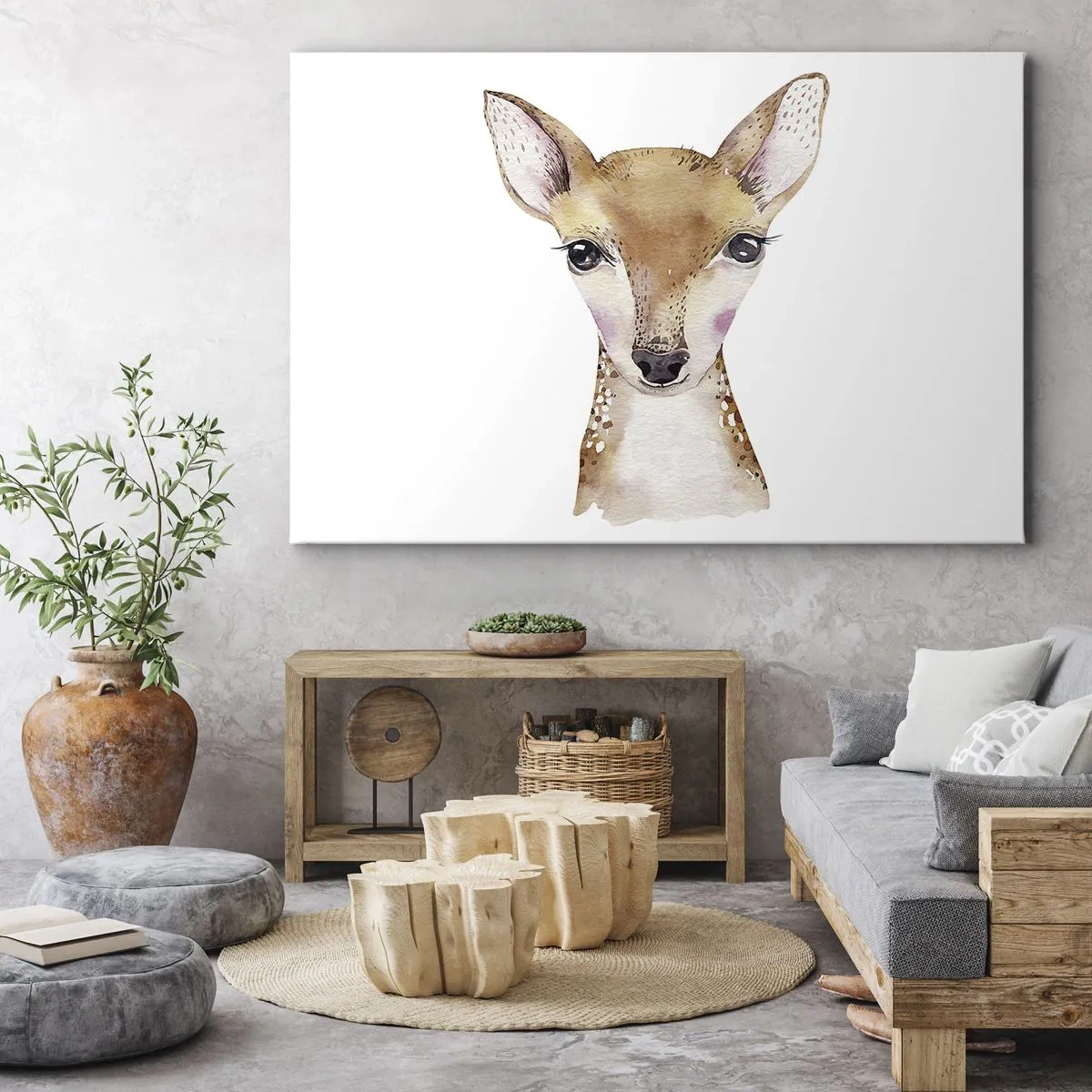 Impression sur toile - Image sur toile - Portrait à l'aquarelle d'un jeune chevreuil sur fond blanc - 100x70cm - L'innocence de la nature - Décoration murale moderne pour le salon et la chambre ARTTOR