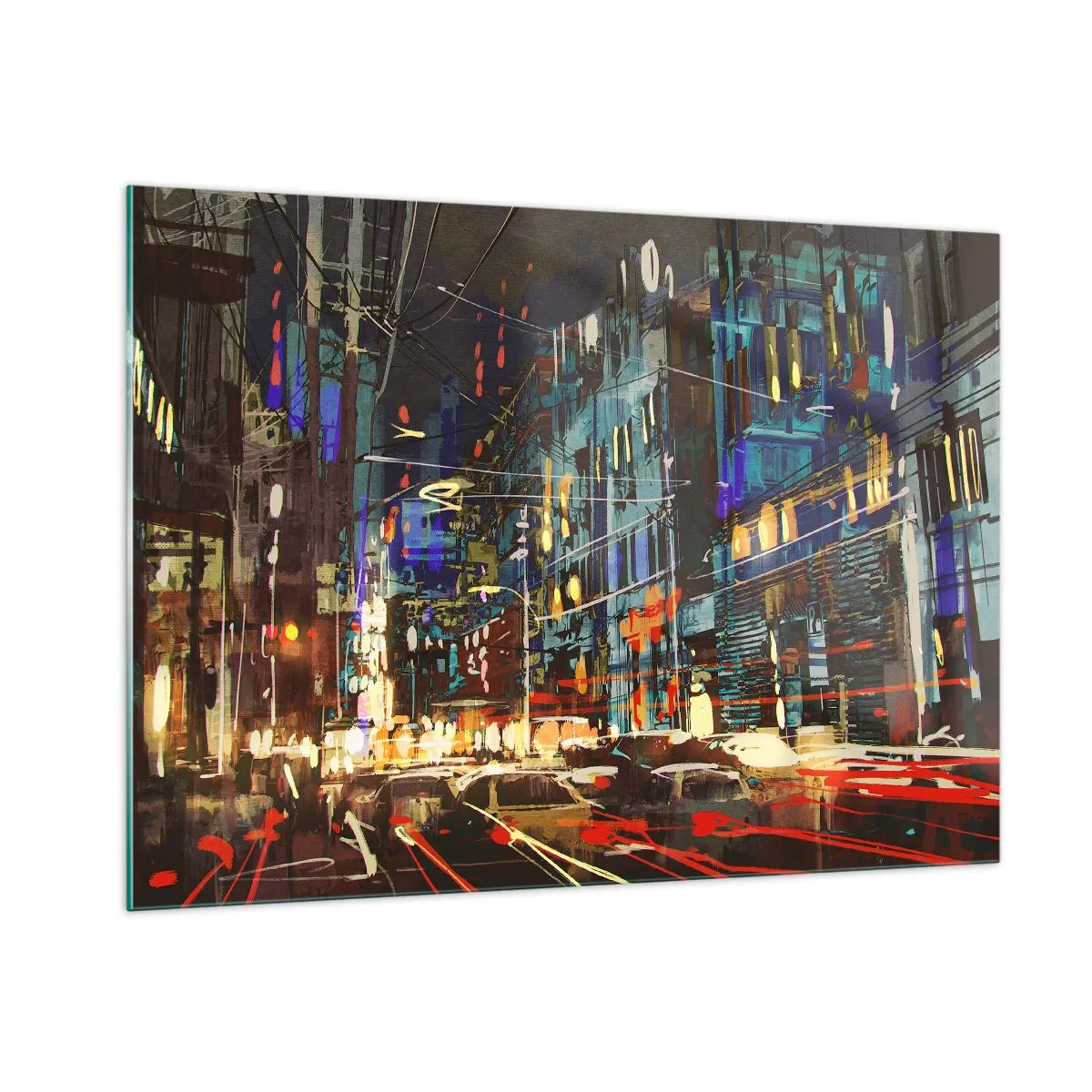 Impression sur verre - Image sur verre - Rue de la ville le soir avec des néons et de la circulation - 100x70cm - L'agitation de la rue en soirée - Décoration murale moderne pour le salon et la chambre ARTTOR