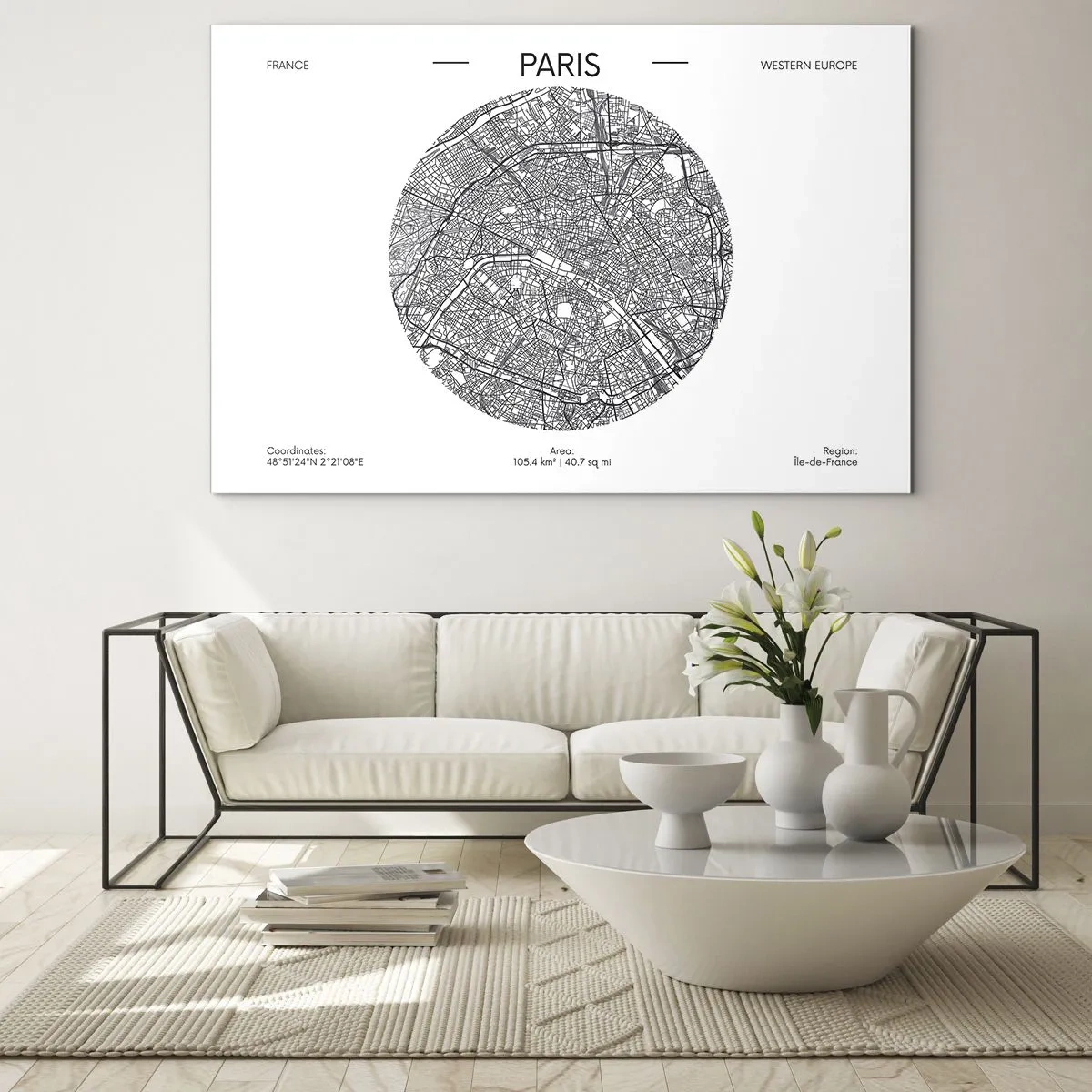 Impression sur verre - Image sur verre - Une carte circulaire de Paris en illustration noir et blanc - 70x50cm - Anatomie de Paris - Décoration murale moderne pour le salon et la chambre ARTTOR