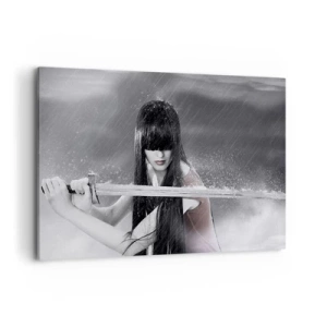 Impression sur toile - Image sur toile - Une femme avec une épée sous la pluie avec une apparence dynamique et mystérieuse - 120x80cm - Belle et dangereuse - Décoration murale moderne pour le salon et la chambre ARTTOR