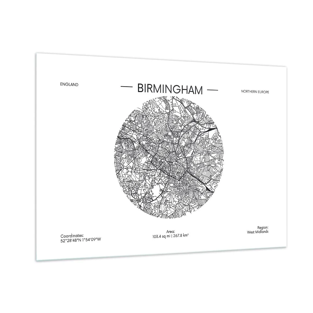 Impression sur verre - Image sur verre - Carte de Birmingham en noir et blanc dans un style graphique moderne - 100x70cm - Anatomie de Birmingham - Décoration murale moderne pour le salon et la chambre ARTTOR